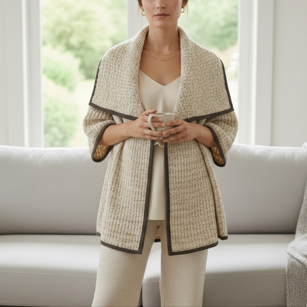 Ann Taylor LOFT Open Front Cardigan Large Beige Alpaca Wool Mohair Chunky Knit